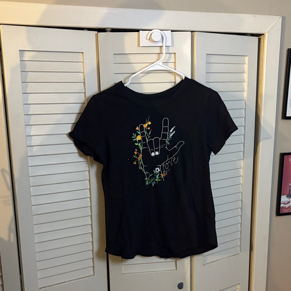 Old Navy Black Tee with Floral Hand Graphic